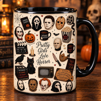 Pretty Girls Love Horror Coffee Mug – Slasher Movie Villains Halloween Ceramic Cup