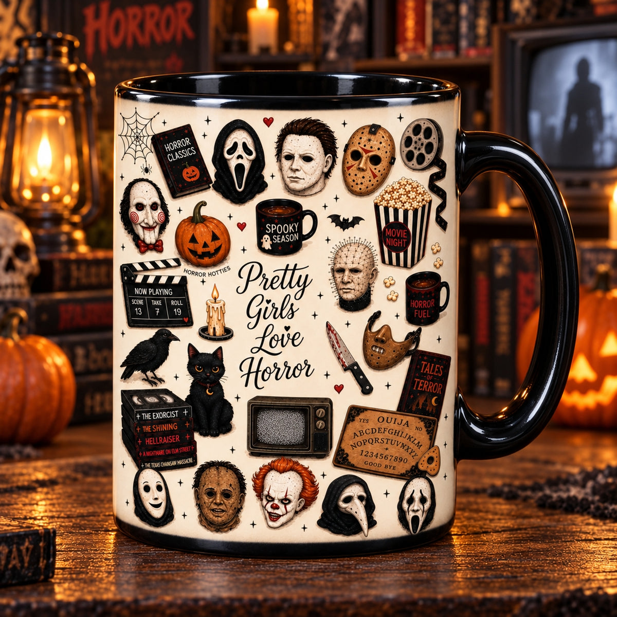 Pretty Girls Love Horror Coffee Mug – Slasher Movie Villains Halloween Ceramic Cup