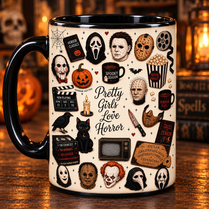 Pretty Girls Love Horror Coffee Mug – Slasher Movie Villains Halloween Ceramic Cup