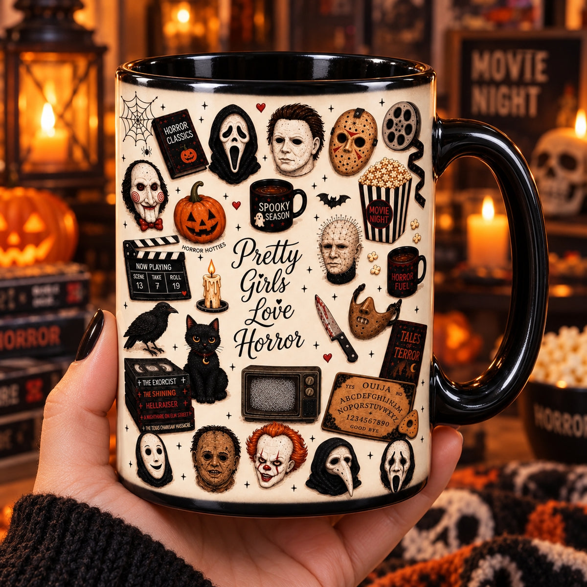Pretty Girls Love Horror Coffee Mug – Slasher Movie Villains Halloween Ceramic Cup
