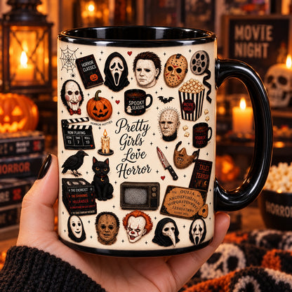 Pretty Girls Love Horror Coffee Mug – Slasher Movie Villains Halloween Ceramic Cup