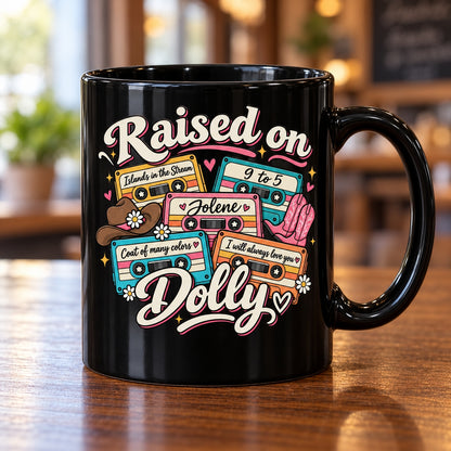 Dolly Parton Raised On Dolly Coffee Mug – Vintage Cassette Tape 9 to 5 Jolene Ceramic Cup