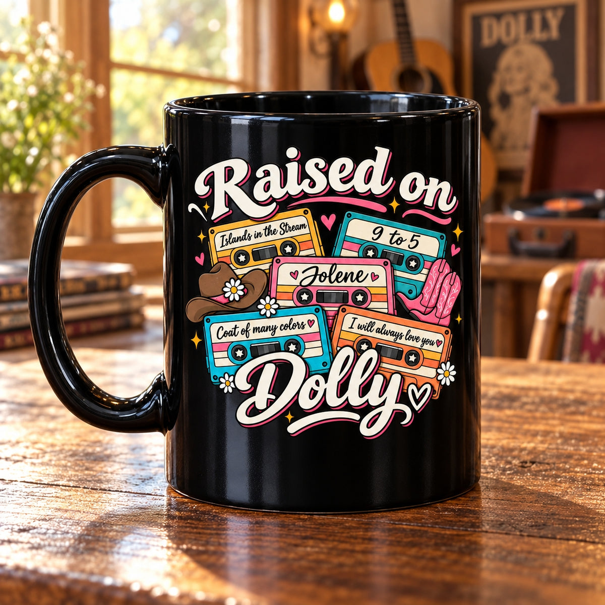 Dolly Parton Raised On Dolly Coffee Mug – Vintage Cassette Tape 9 to 5 Jolene Ceramic Cup
