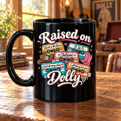 Dolly Parton Raised On Dolly Coffee Mug – Vintage Cassette Tape 9 to 5 Jolene Ceramic Cup