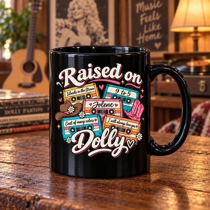 Dolly Parton Raised On Dolly Coffee Mug – Vintage Cassette Tape 9 to 5 Jolene Ceramic Cup