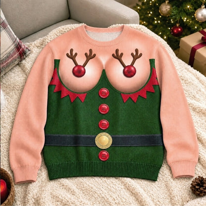 Funny Reindeer Boobs Ugly Christmas Sweater – Naughty Elf Adult Holiday Sweatshirt
