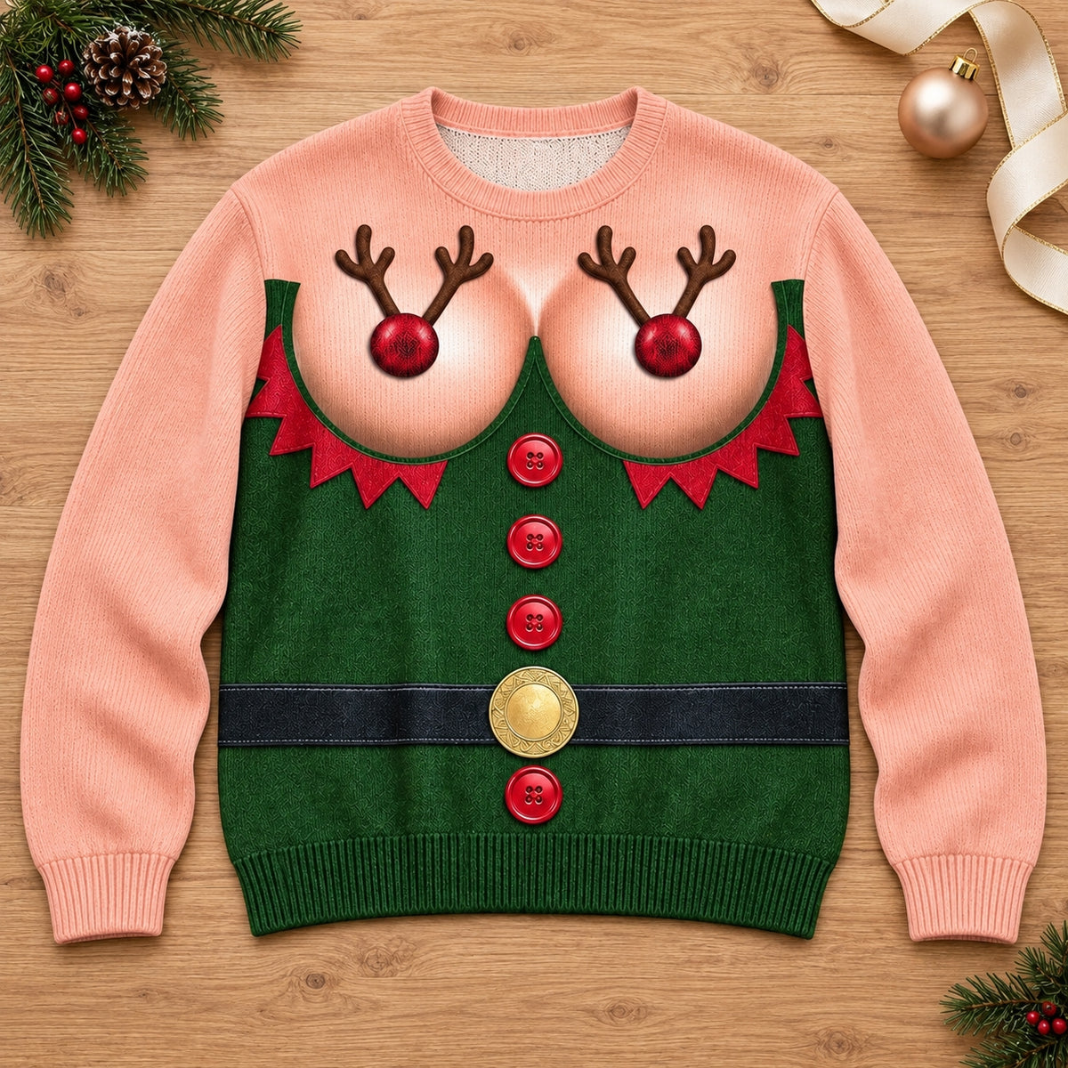 Funny Reindeer Boobs Ugly Christmas Sweater – Naughty Elf Adult Holiday Sweatshirt