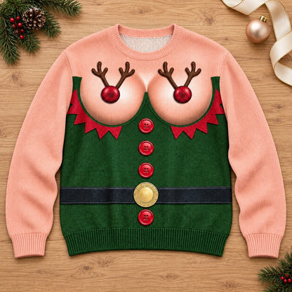 Funny Reindeer Boobs Ugly Christmas Sweater – Naughty Elf Adult Holiday Sweatshirt
