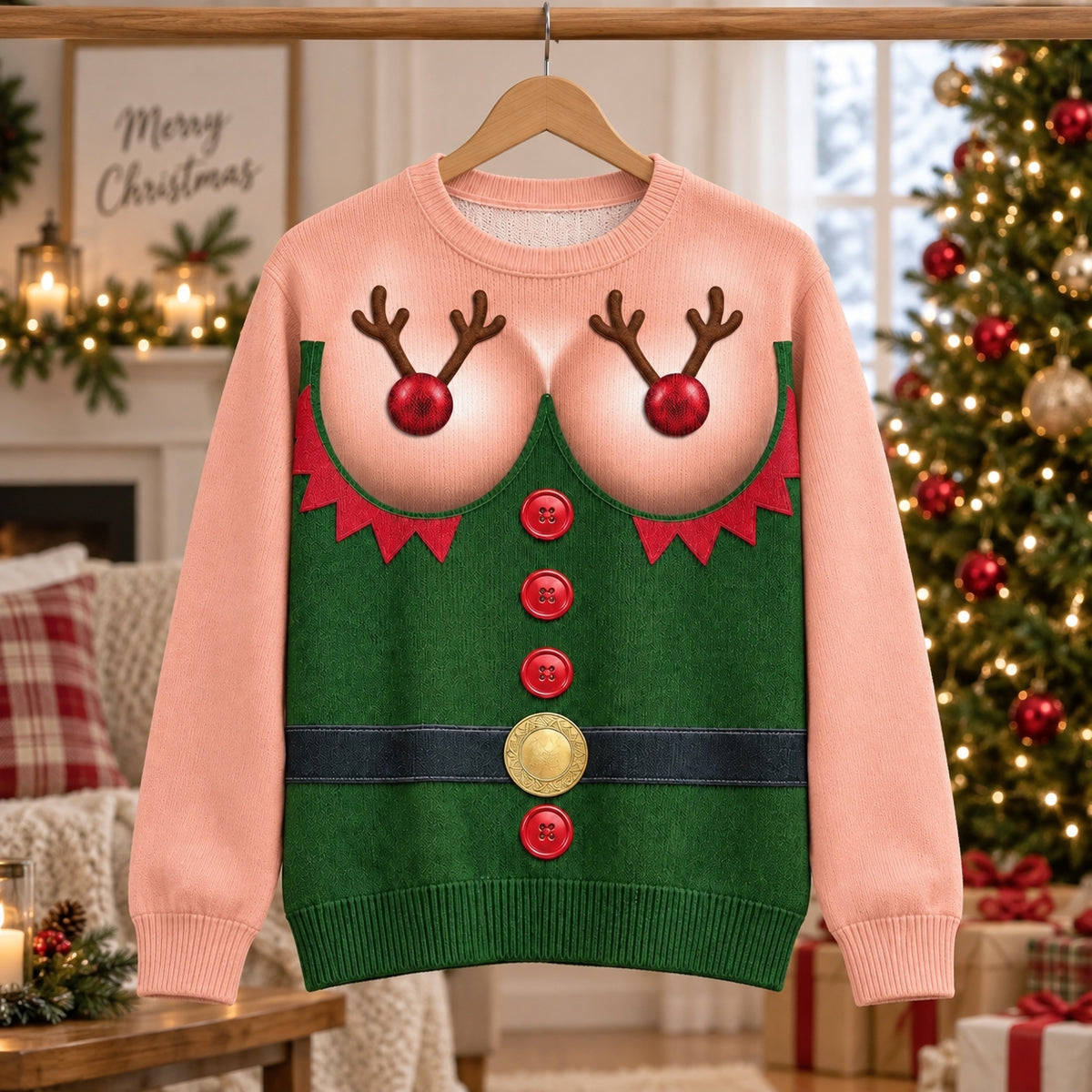 Funny Reindeer Boobs Ugly Christmas Sweater – Naughty Elf Adult Holiday Sweatshirt