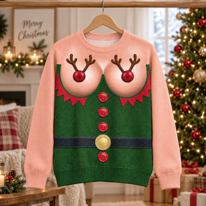 Funny Reindeer Boobs Ugly Christmas Sweater – Naughty Elf Adult Holiday Sweatshirt