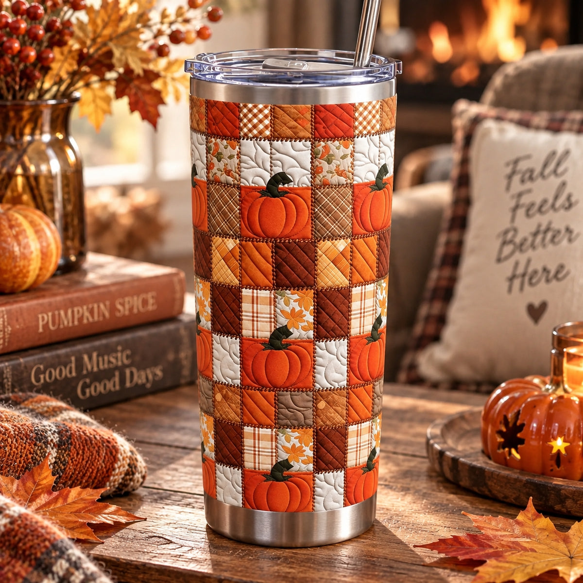 Quilted Fall Pumpkin Tumbler with Lid - Rustic Autumn Plaid Patchwork Stainless Steel Travel Mug
