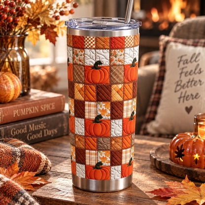 Quilted Fall Pumpkin Tumbler with Lid - Rustic Autumn Plaid Patchwork Stainless Steel Travel Mug