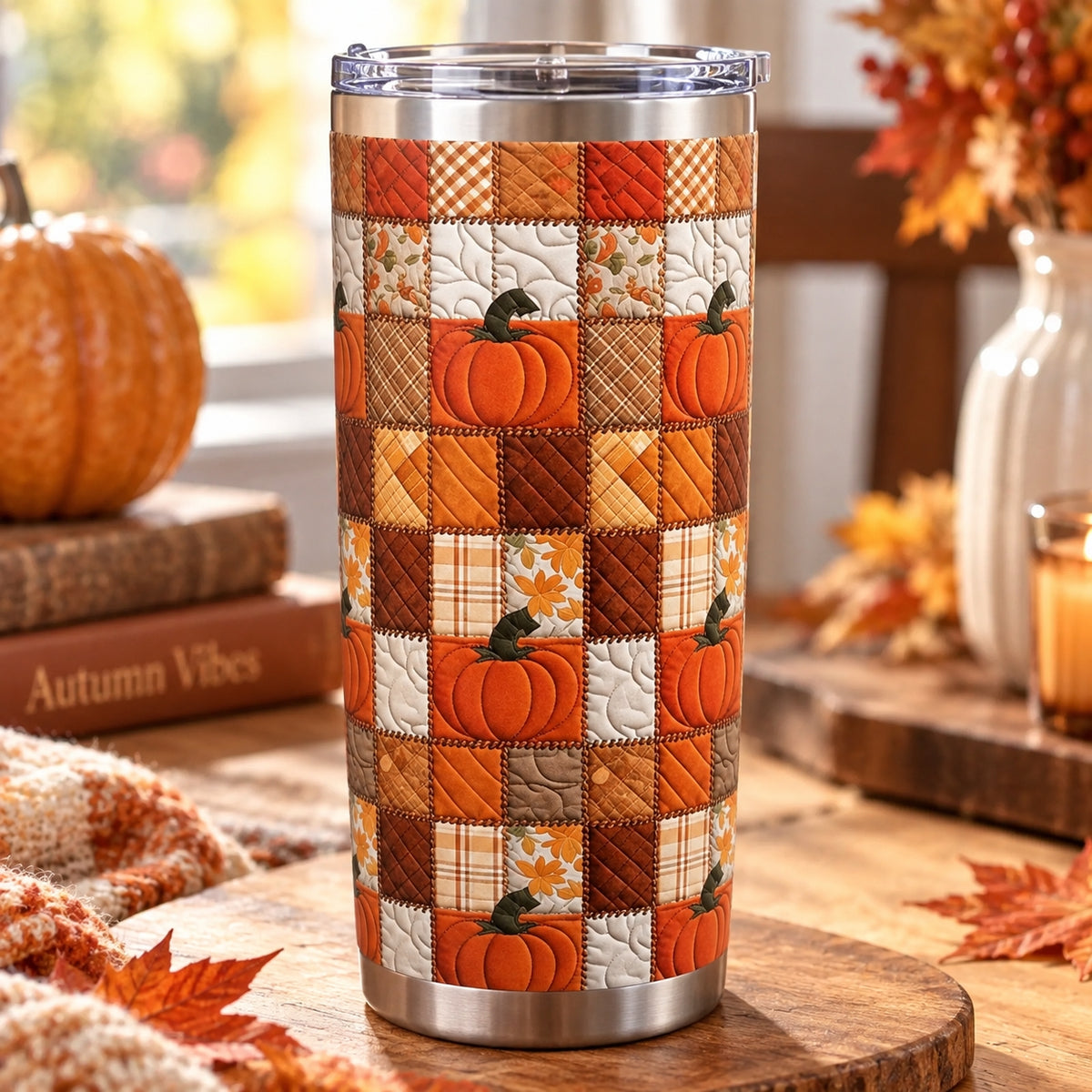 Quilted Fall Pumpkin Tumbler with Lid - Rustic Autumn Plaid Patchwork Stainless Steel Travel Mug