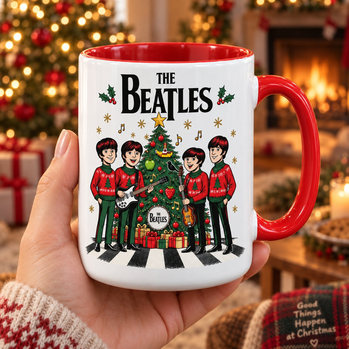 The Beatles Christmas Cartoon Coffee Mug – Fab Four Abbey Road Holiday Sweaters Ceramic Cup