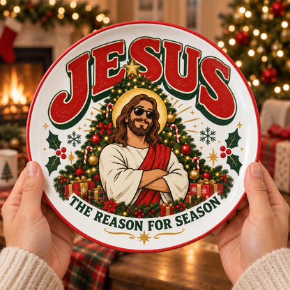 Jesus The Reason For The Season Ceramic Plate – Retro Cool Jesus with Sunglasses Decorative Holiday Dish