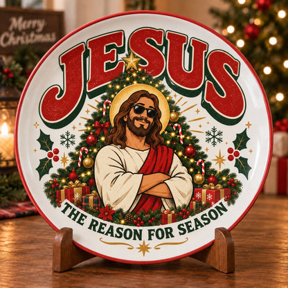 Jesus The Reason For The Season Ceramic Plate – Retro Cool Jesus with Sunglasses Decorative Holiday Dish