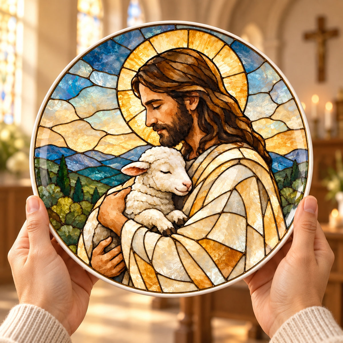 The Good Shepherd Stained Glass Ceramic Plate – Jesus Holding Lamb Decorative Porcelain Dish