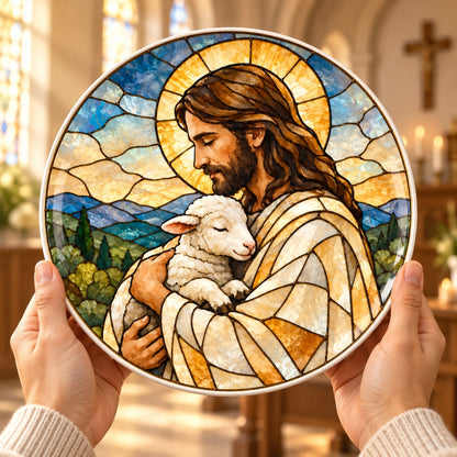 The Good Shepherd Stained Glass Ceramic Plate – Jesus Holding Lamb Decorative Porcelain Dish