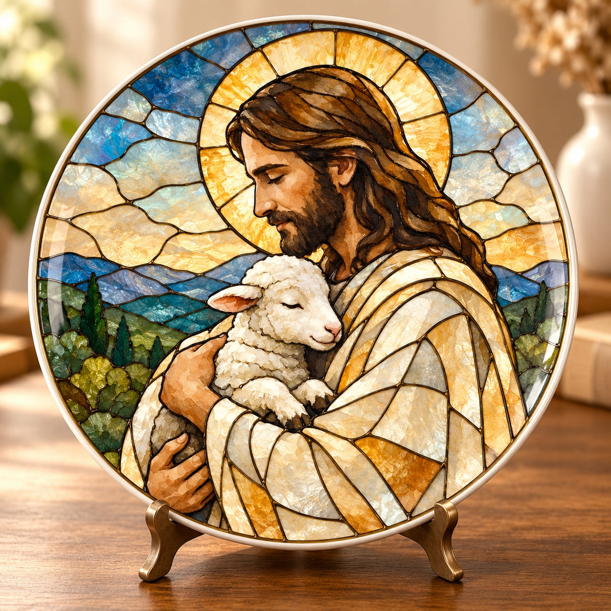 The Good Shepherd Stained Glass Ceramic Plate – Jesus Holding Lamb Decorative Porcelain Dish