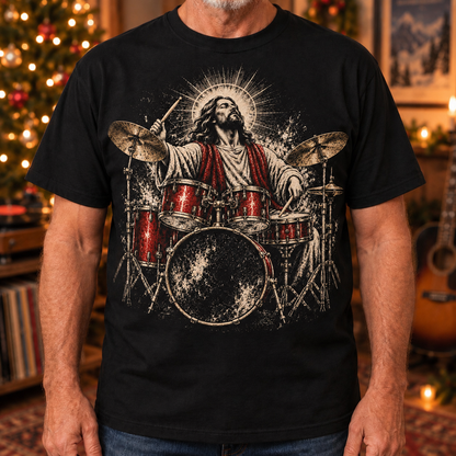Jesus Playing Drum Set T-Shirt – Christian Musician Shirt, Praise & Worship Musician Tee