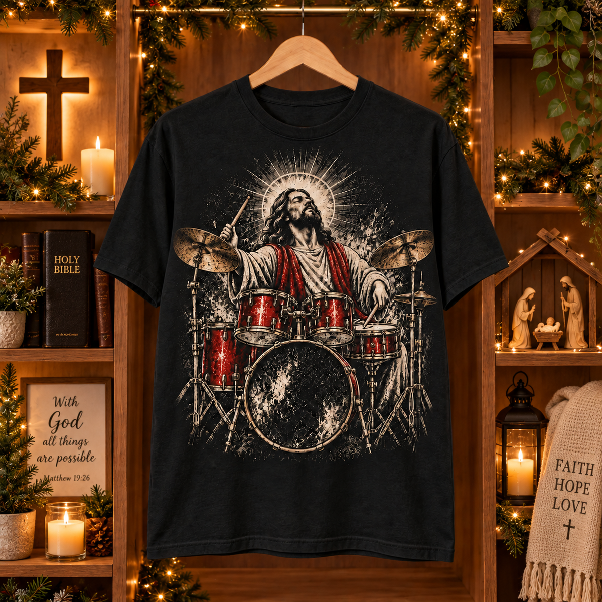 Jesus Playing Drum Set T-Shirt – Christian Musician Shirt, Praise & Worship Musician Tee