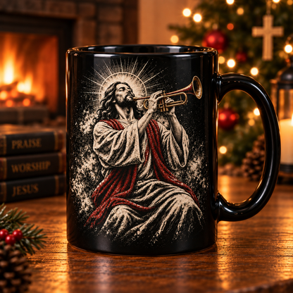 Jesus Playing Trumpet Coffee Mug – Christian Music Coffee Cup