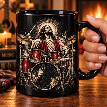 Jesus Drummer Black Mug – Christian Music Coffee Cup, Faith & Rock Gift for Drummers