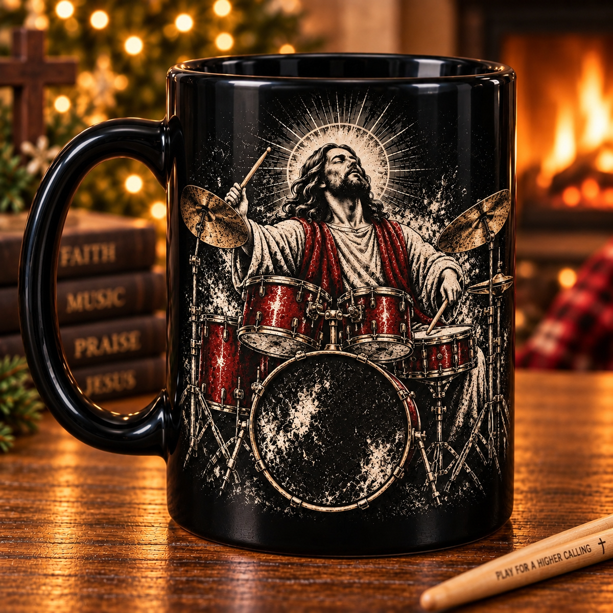 Jesus Drummer Black Mug – Christian Music Coffee Cup, Faith & Rock Gift for Drummers