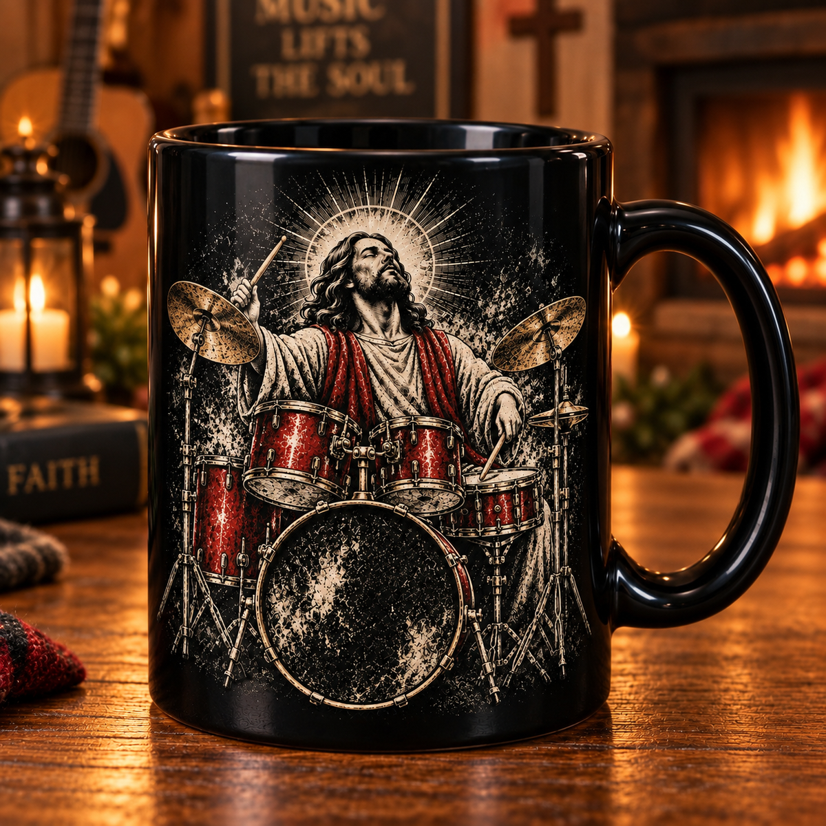 Jesus Drummer Black Mug – Christian Music Coffee Cup, Faith & Rock Gift for Drummers