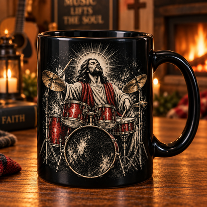 Jesus Drummer Black Mug – Christian Music Coffee Cup, Faith & Rock Gift for Drummers