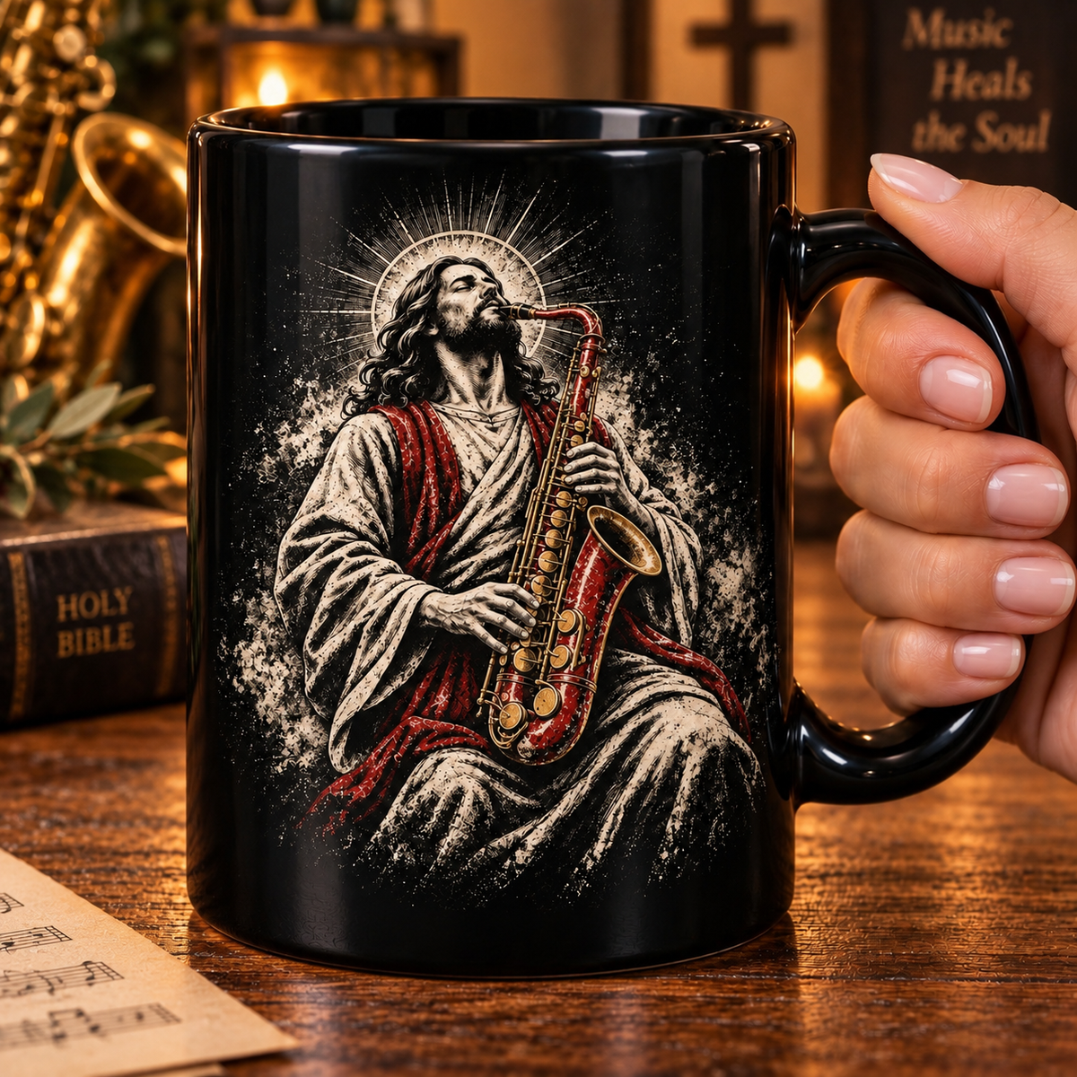 Heavenly Harmony Jesus Saxophone Mug, Praise & Worship Gift, Religious Jazz Musician Christian Gift