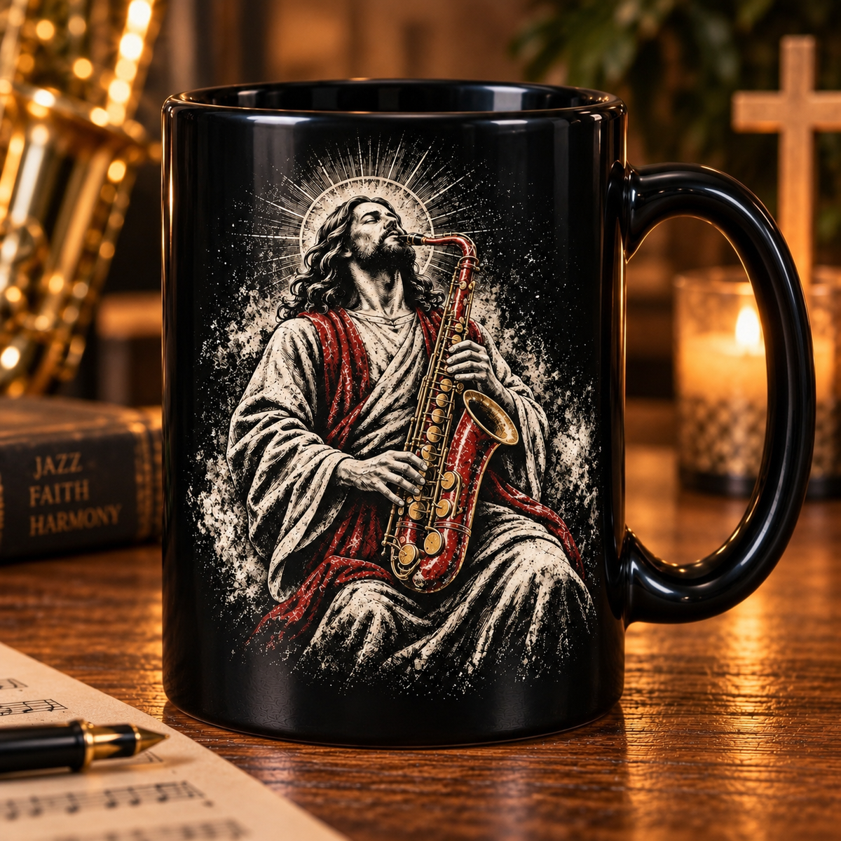 Heavenly Harmony Jesus Saxophone Mug, Praise & Worship Gift, Religious Jazz Musician Christian Gift