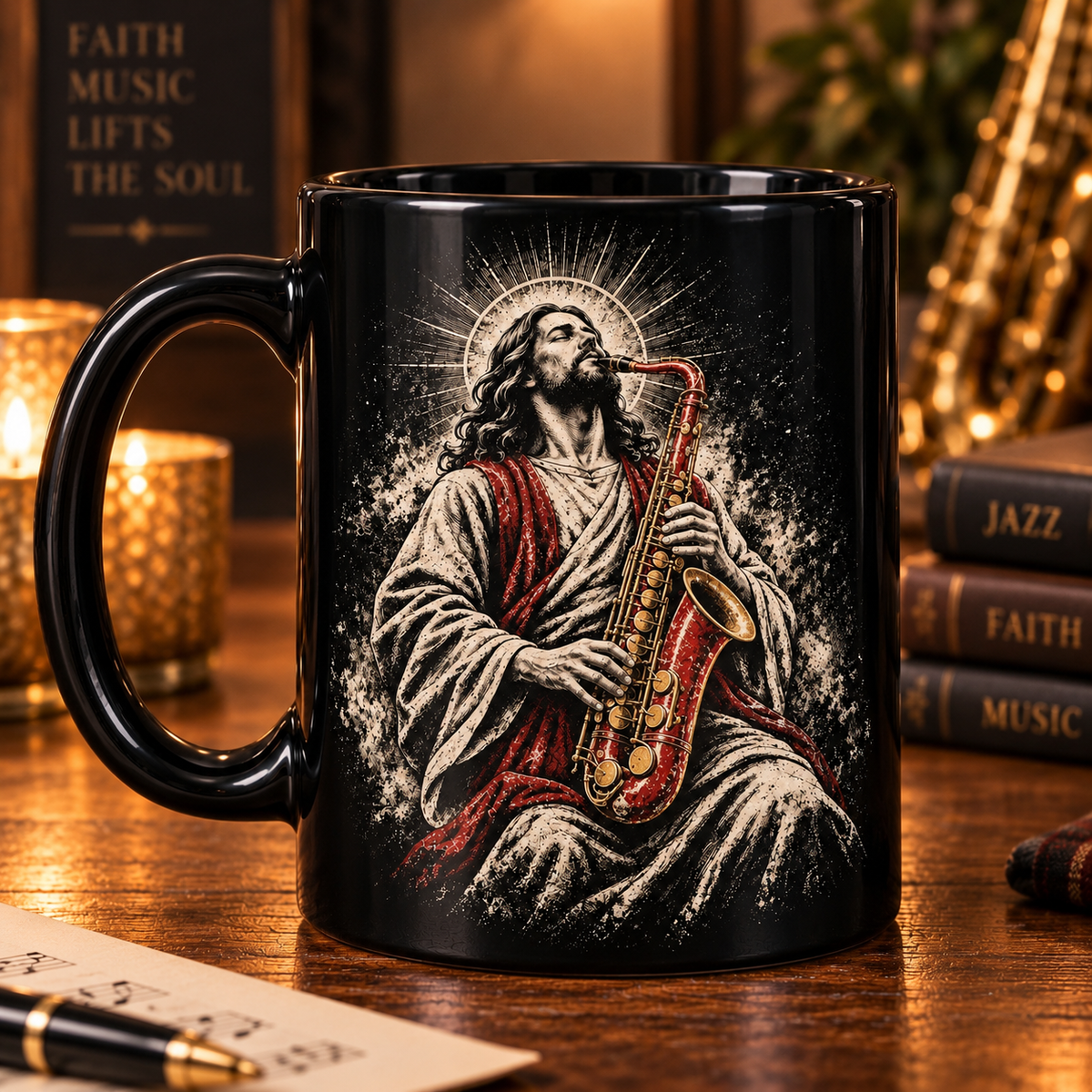 Heavenly Harmony Jesus Saxophone Mug, Praise & Worship Gift, Religious Jazz Musician Christian Gift