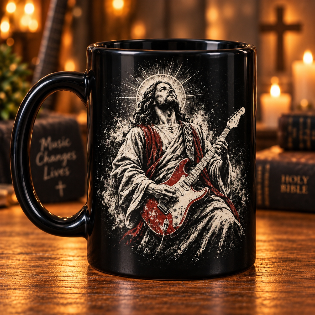 Jesus Playing Electric Guitar Coffee Mug – Christian Rocker Gift, Christian Guitarist Coffee Mug