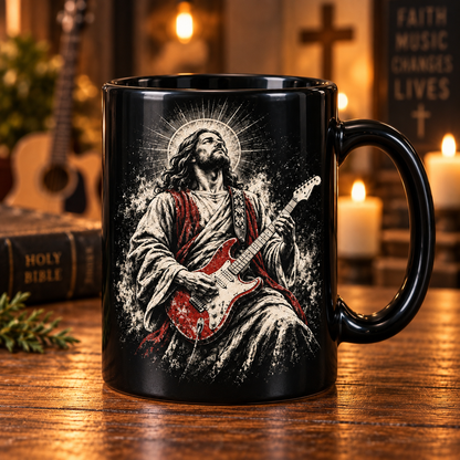 Jesus Playing Electric Guitar Coffee Mug – Christian Rocker Gift, Christian Guitarist Coffee Mug