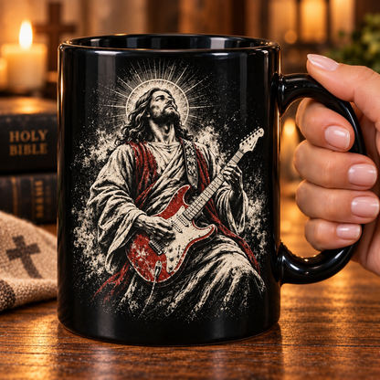 Jesus Playing Electric Guitar Coffee Mug – Christian Rocker Gift, Christian Guitarist Coffee Mug