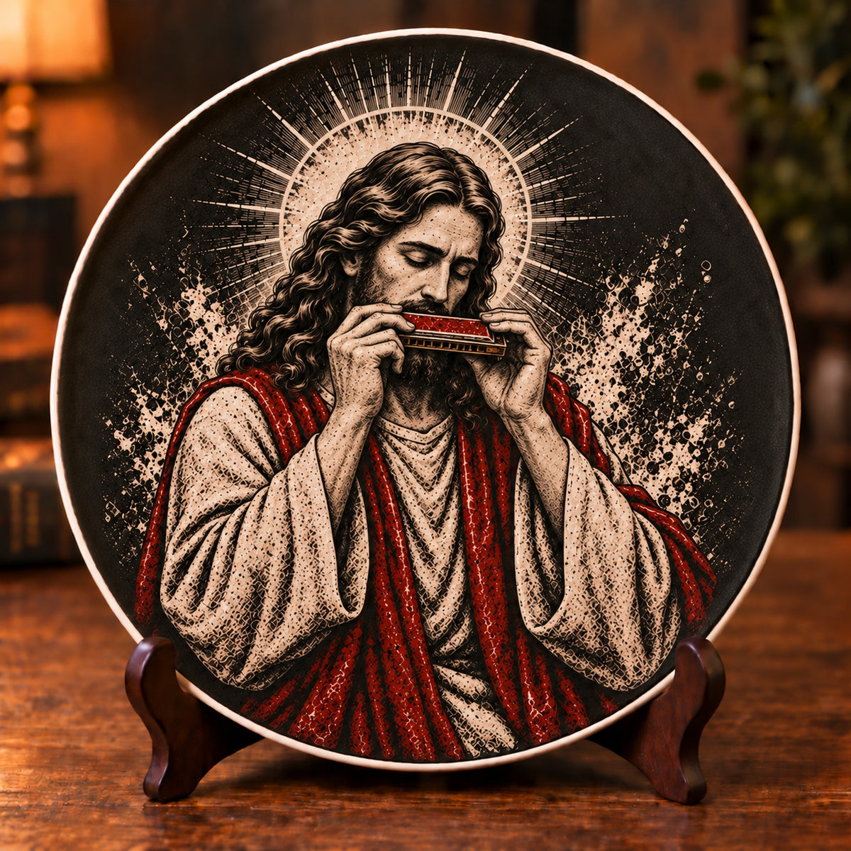 Jesus Playing Harmonica Decorative Plate, Christian Jesus Harmonica Ceramic Plate, Christmas Keepsake Plate