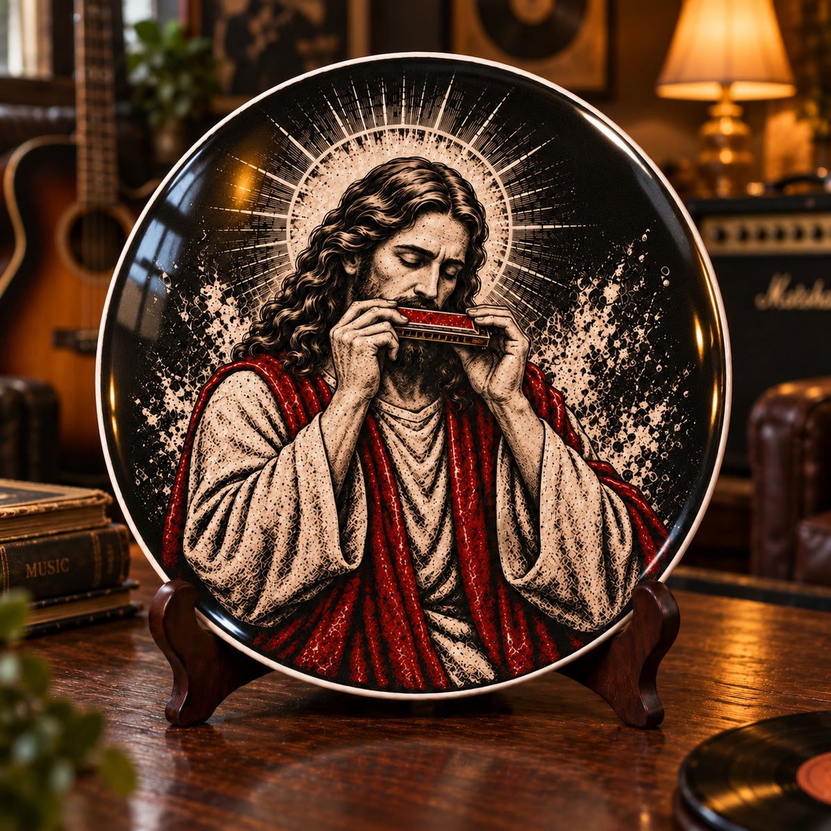 Jesus Playing Harmonica Decorative Plate, Christian Jesus Harmonica Ceramic Plate, Christmas Keepsake Plate