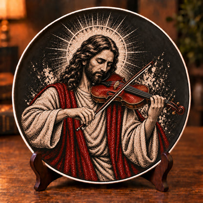 Jesus Playing Violin Decorative Plate, Christian Violinist Decor, Jesus Musical Porcelain Plate