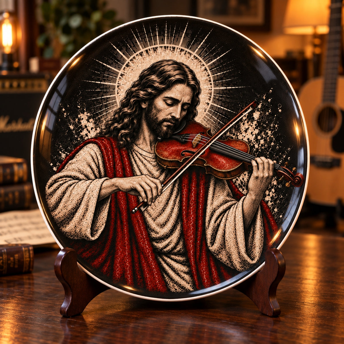 Jesus Playing Violin Decorative Plate, Christian Violinist Decor, Jesus Musical Porcelain Plate