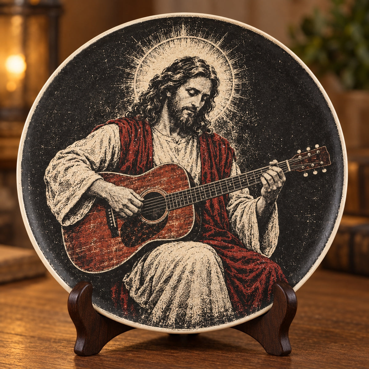 Jesus Playing Guitar Decorative Plate, Religious Jesus Guitarist Ceramic Plate, Acoustic Guitar Christian Decor