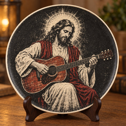 Jesus Playing Guitar Decorative Plate, Religious Jesus Guitarist Ceramic Plate, Acoustic Guitar Christian Decor