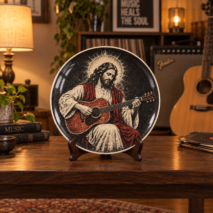 Jesus Playing Guitar Decorative Plate, Religious Jesus Guitarist Ceramic Plate, Acoustic Guitar Christian Decor