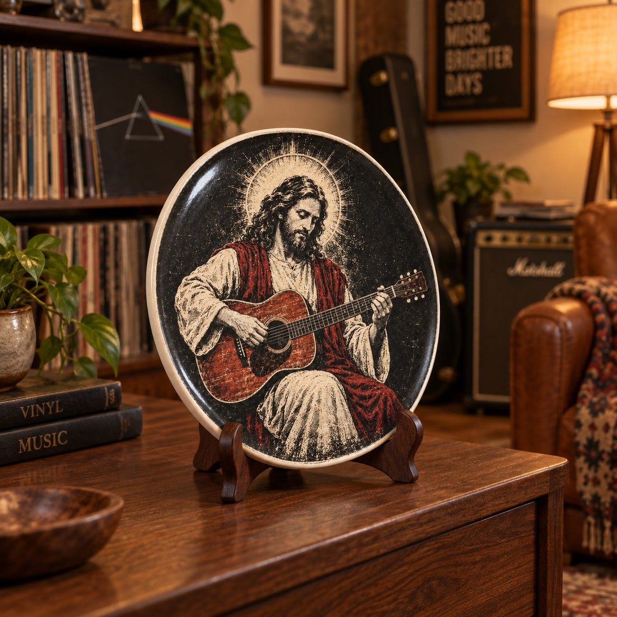 Jesus Playing Guitar Decorative Plate, Religious Jesus Guitarist Ceramic Plate, Acoustic Guitar Christian Decor