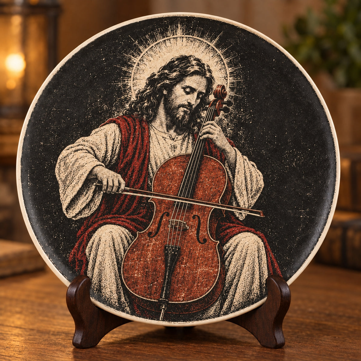 Jesus Playing Cello Decorative Plate, Jesus Musical Porcelain Plate, Christian Cellist Decor