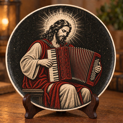 Jesus Playing Accordion Decorative Plate, Religious Jesus Accordionist Ceramic Plate – Gift for Christian Musicians