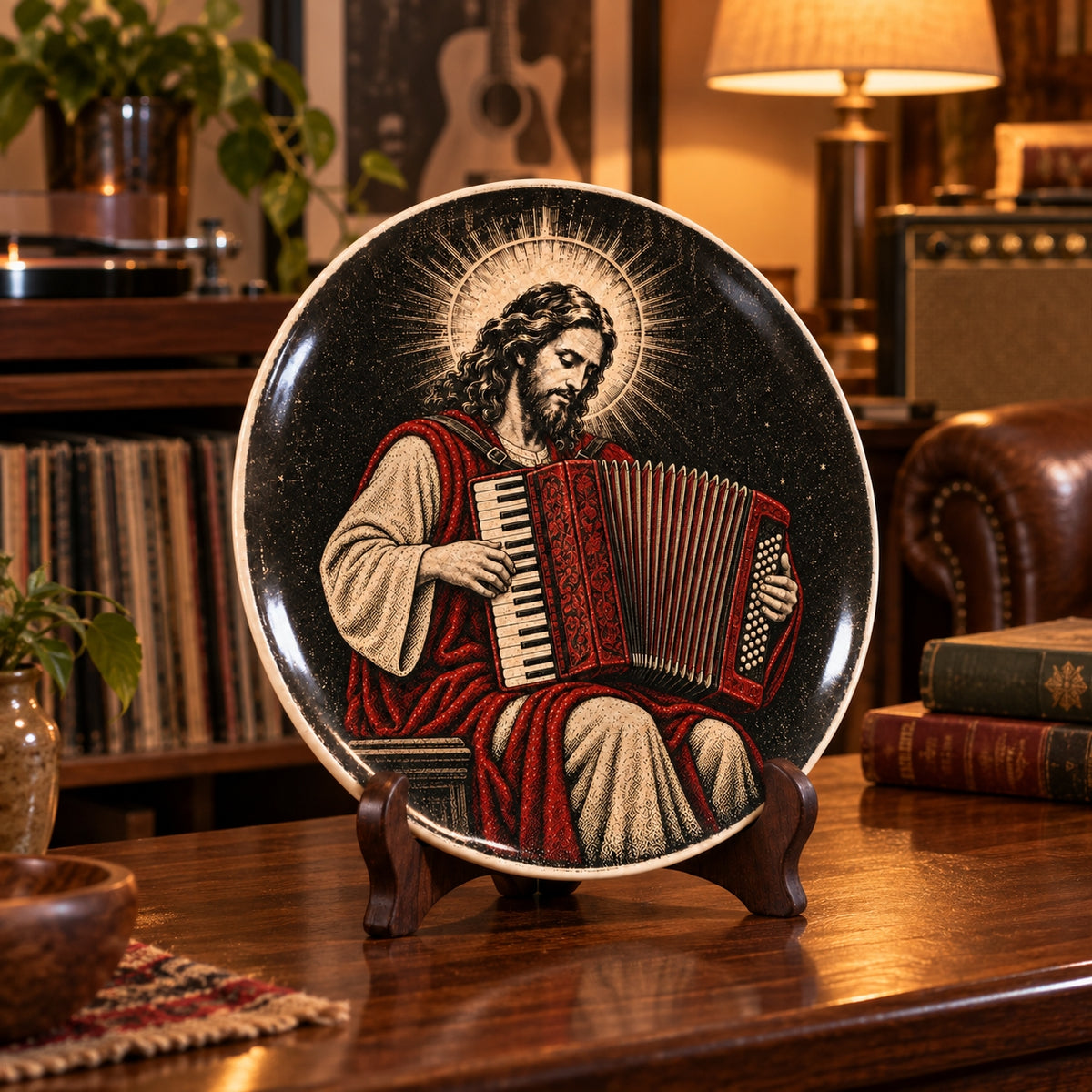 Jesus Playing Accordion Decorative Plate, Religious Jesus Accordionist Ceramic Plate – Gift for Christian Musicians