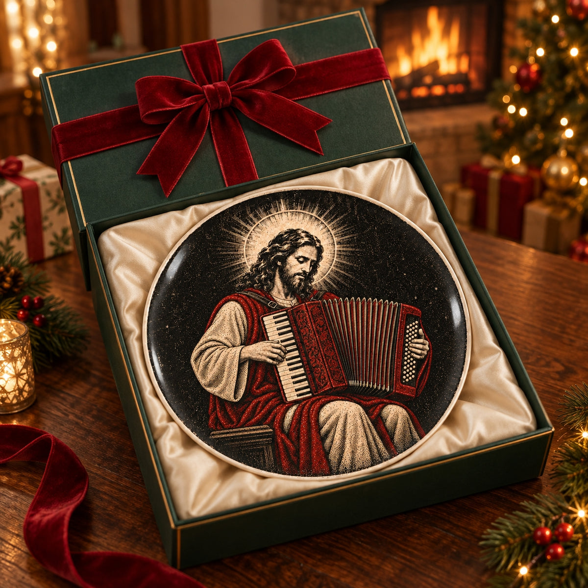 Jesus Playing Accordion Decorative Plate, Religious Jesus Accordionist Ceramic Plate – Gift for Christian Musicians