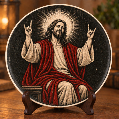 Rock On Jesus Decorative Plate, Rocker Jesus Ceramic Plate – Rocker Christian Porcelain Keepsake
