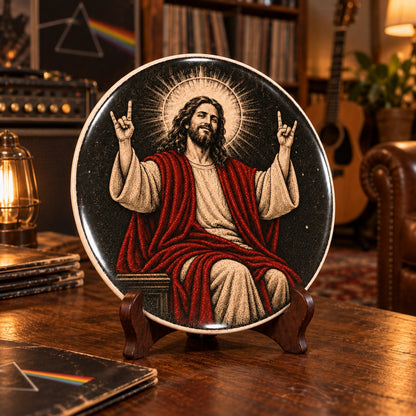 Rock On Jesus Decorative Plate, Rocker Jesus Ceramic Plate – Rocker Christian Porcelain Keepsake